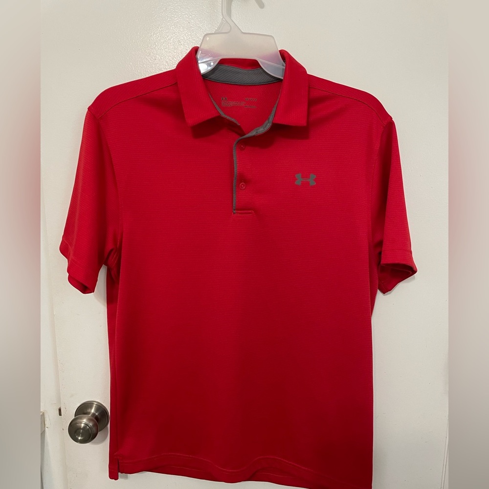 Under Armour Loose Heatgear Red Striped Short sleeve Polo Gray Logo size Lg